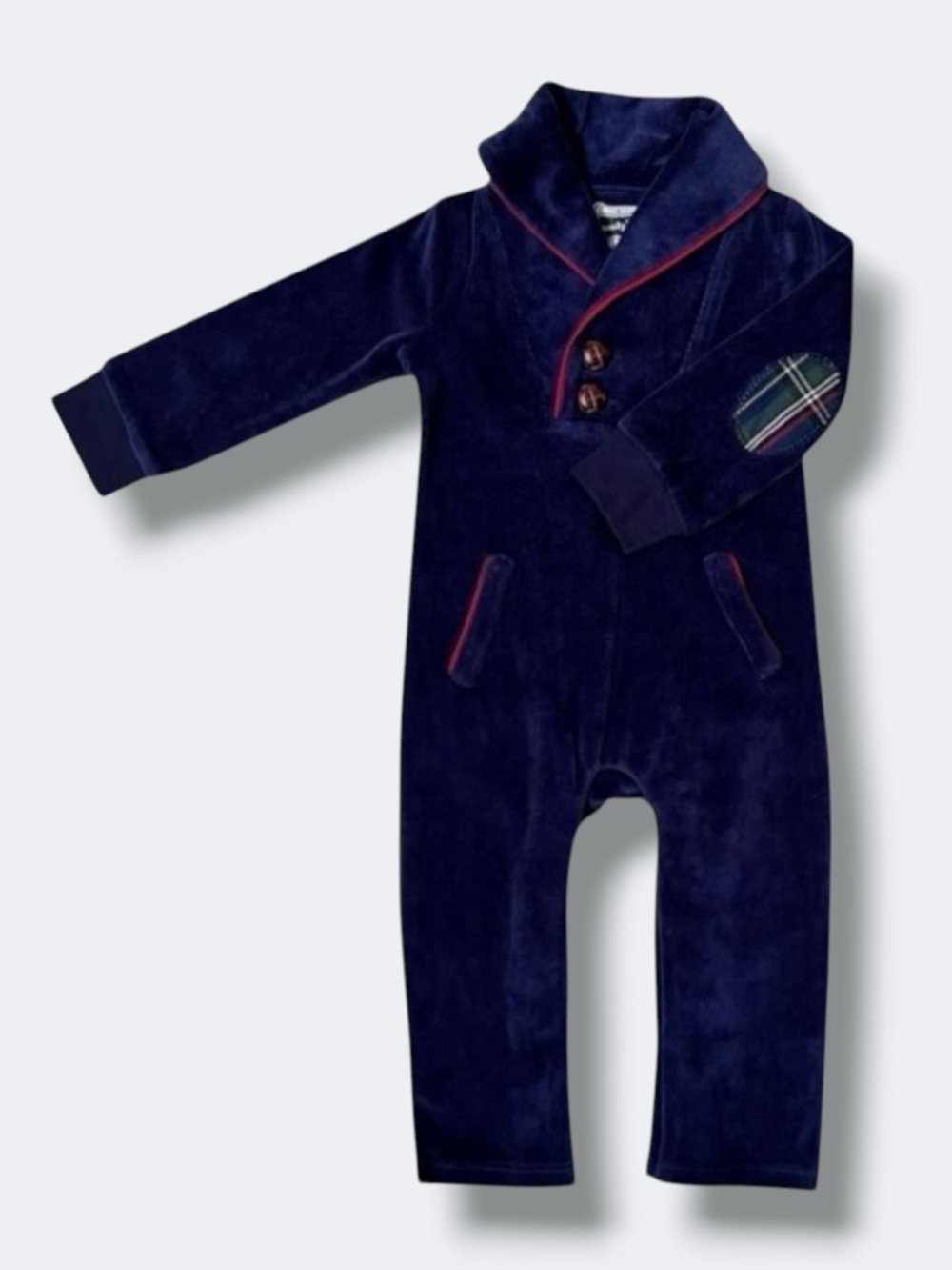 Mud Pie One Piece Baby Boys 6-9M Navy Velour Romper Plaid Patch Shawl Collar New